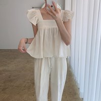 2026 Spring Season Korean Style Chic Versatile Square Collar Short Sleeve Shirt High Waist Wide Leg Casual Long Pants Set
