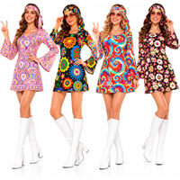 60s 70s Hippie Retro Flower Print Dress for Women Disco Party Festival Bell Sleeve Mini Dress Costume Halloween Carnival Outfit