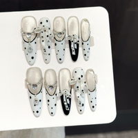 10PCS Stiletto Handmade Press On Nails,Black And White Polka-Dot Ribbon French Bow,Suitable For Festivals Parties And Daily Wear