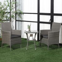 PINGGO 3 Pieces Rattan Bistro Set, Wicker Garden Furniture Set with 2-Tier Coffee Table and Chairs, Washable Cushions, Grey