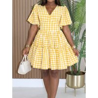 Summer Fashion Women's V-neck A-line Dress Casual Checkered Waist Concealed Zipper 2026 Vacation Style