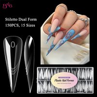 BNG 150PCS Stiletto Nail Dual Form Thin & Soft Acrylic Nail Extension Mold Reusable Nail Tips For Builder Gel Manicure 15 Sizes