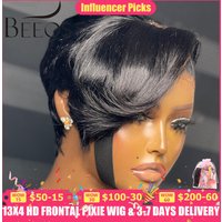 BEEOS Short Pixie Cut 13*4 HD Lace Frontal Human Hair Wigs Straight Pre plucked HD Transparent Lace Wig Short Bob Wig For Women
