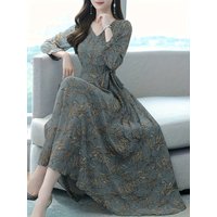 Gray-blue ink-dyed leaf print V-neck dress, women's waist-tied long-sleeved chiffon maxi dress