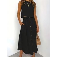 Ladies Elegant Solid Color Tank Top And Skirt Set Fashionable And Sophisticated Women's Outfit