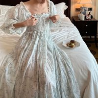 Women Summer 100% Cotton Thin Style Nightdress French Square Collar Full Sleeves Nightgowns Princess Sweet Printing Long Nightie