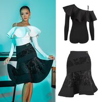 Women'S Latin Dance Costume Ruffled Cross-Shoulder Tops Black Skirt Tango Chacha Samba Rumba Ballroom Dance Practice Wear SL7249