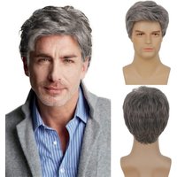 Mens Grey Short Wig Synthetic Replacement Costume Halloween Soft Layered Natural Hair Male Wigs (Gray)