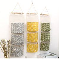 1PC Three Pockets Hanging Wall Storage Bag Household Bedroom Living Room Kitchen Cotton Linen Storage Bag