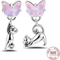 925 Sterling Silver Cat & Butterfly Asymmetric Earrings Pink Opal Butterfly Design Pet Lover Earrings For Women Jewelry Gifts
