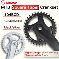KEOS Lightweight Aluminum 104BCD Square Taper MTB Crankset, 32/34/36/38T Narrow Wide Chainring, Black or Silver Optional