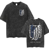 2026 Oversized Vintage Washed T-shirt Man Attack on Titan Women Short Sleeve Tee Streetwear Anime Print Casual Tops Summer Y2k