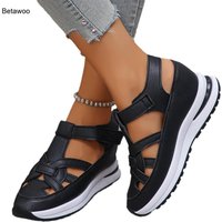 Women's Hollow Out Criss-Cross Strap Wedge Platform Sandals Closed Toe Hook-And-Loop Ankle Strap Casual Summer Shoes