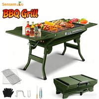 Portable Foldable Suitcase Charcoal Grill Green Mini Tabletop BBQ Barbecue Stove Outdoor Camping Picnic Garden RV Travel