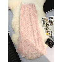 Pink Floral Fish Tail Skirt Women's Summer Thin High Waist Loose Slimming Sweet A-Line Skirt Silk Chiffon Half Body Skirt