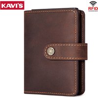 Crazy Horse Leather Card Holder Short Mini Wallets for Men with RFID Protection Aluminum Pop Up Smart Wallet with Zipper Pocket