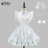 Color Cosplayer Pastel Blue Lolita Dress Set with Lace Ruffle Apron Alice in Wonderland French Maid Outfit Women Cosplay Costume