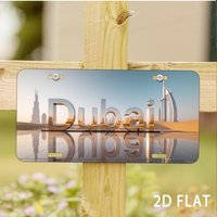 Dubai Skyline & Desert 2D Flat Printing Decorative License Plate, Modern Metallic Text Themed Decorative Aluminum Sign for Home,
