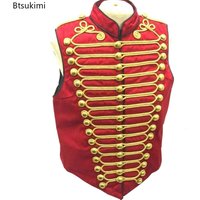 Men Medieval Vest Cosplay Rock Band Red Suede Jacket Punk Military Drummer Sleeveless Parade Vest Soldier Drummer Stage Costume