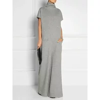 UOOZEE Women's Solid Color High Neck Pockets Elegant Maxi Dresses 2026 New Summer Short Sleeves Loose Urban Casual Long Dress