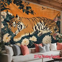 1pc Asian Tiger Tapestry, Ukiyo-e Peony Print, Cool Room Stuff, Large Size, Polyester 2D Wall Art, Bedroom Stuff, Zen Aesthetic