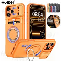 Magnetic Case For iPhone 17 Pro Max Slide Camera Lens Cover Wallet Card Holder Ring with MagSafe Stand Drop Protection Cover