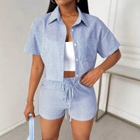 New Fashion Women's Clothing Trend Lapel Casual Striped Shirt Short Sleeve Shorts Two-piece Set Two Piece Sets Womens Outifits