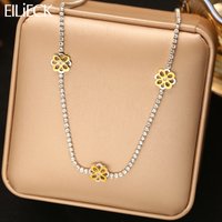 EILIECK 316L Stainless Steel Flower Collar Chain Necklace For Women Sparkling Exquisite Zirconia Chain Waterproof Jewelry Gift