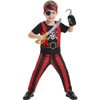 10PC Boys Pirate Costume Set with Skull Print Striped Shirt Pants Halloween Cosplay Outfit and Toy Gift Accessories