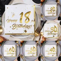 One-time use gold-embossed anniversary napkins for 16th, 18th, 20th, 30th, 40th, 50th, 60th, and 70th birthday parties
