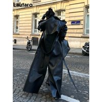 Lautaro – Trench-Coat en cuir Pu noir Extra Long pour femme, avec dos, fente haute, luxe, Chic, mode européenne, printemps automne, 2024
