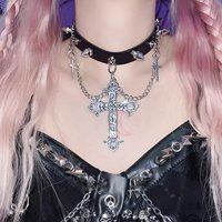 Gothic PU Leather Choker Cross Chain Necklace Studded Punk Collar Adjustable Neck Strap Y2K Dark Style Jewelry Cosplay Accessory
