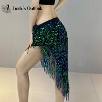 Womens Sequin Tassel Skirts Rave Fringe Hip Scarf for Festival Stage Performance Show Costume Glitter Sparkly Wrap Belt Outfit