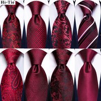 Hi-Tie Red Burgundy Paisley Solid Striped Wedding Tie For Men Business Party Dropshipping Mens Necktie Hanky Cufflinks Set