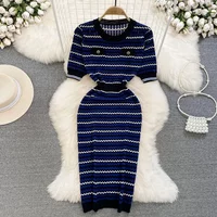 Blue Women Casual Knitted Loose Dress O Neck Short Sleeves Strip High Elastic Streetwear Korean Style Bodycon Maxi Sundress