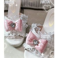 Japanese mass produced lace bow rhinestone sweet cute lolita high heels summer slippers temperament kawaii shoes slippers women image 4