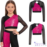 Children Girls Sparkly Sequins Long Sleeves Jazz Dance Costume Hip Hop Street Dance Competition Crop/Pants Jazz Modern Dancewear