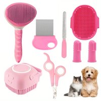 8pcs Cat Grooming Kit With Self-Cleaning Slicker Brush, Nail Clippers, Comb & Dental Care - Cat Brush For Shedding And Grooming