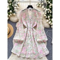 Exquisite Floral Embroidery Short Dresses Women's Elegant Lantern Sleeve Single-Breasted Summer A-Line Mini Dress Female 2025