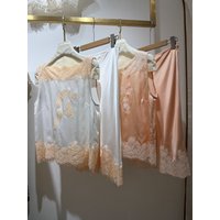 100% Silk Women's Lace Embroidery Set Elastic Waist A-Line Midi Skirt + O-Neck Sleeveless Tank Tops Casual Suit