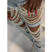 Beachapche Straight Jeans Women Holes Pearls Diamond Rhinstones Solid High Waist Fashion Cotton High Street Denim Pants