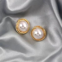 Big Round Imitation Pearl Stud Earring for Women Female Sweet Gold Color Edge Piping Jewelry Party Wedding Christmas Gift