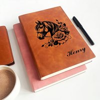 Personalized Leather Notebook - Custom Name And Text, Horse And Floral Design, Premium Soft Pink Leather Writing Journal
