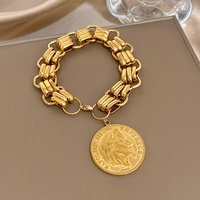 DODOHAO Luxury Stainless Steel Thick Chain Bracelet Women Punk Statue Coin Pendant Charm Hand Bracelet Waterproof Jewelry Gifts