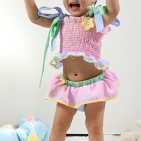Little Girls' Summer Swimwear Two Piece Cute Patchwork Seersucker One Piece Trunks For Boys Beach Sleeveless