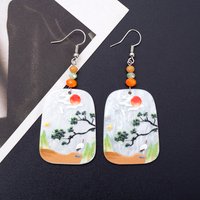 Chinese Style Crane Pine Tree Landscape Painting Geometric Acrylic Earrings For Women Fashion Color Matching Personality Jewelry