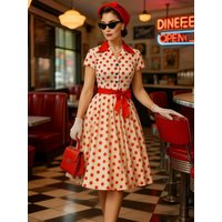 Tonval Contrast Notched Collar and Belt Polka Dot 50s Women Dresses Summer 2026 Buttons Front Elegant Vntage Party Dress