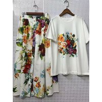 Vintage printed knitted T-shirt two-piece set for 2026 summer women's clothing+elastic waist single breasted loose skirt set