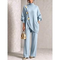 Ensemble deux pièces en maille à boutons métalliques pour femme, nouveau pull à col montant et pantalon long à jambes larges, ensemble élégant de pulls d'automne-hiver