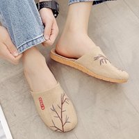 Cozy Embroidery Flower Bamboo Indoor Slippers Non-Slip Soft Bottom Plum Blossom Slippers Linen Flax Women Men Slippers Couples